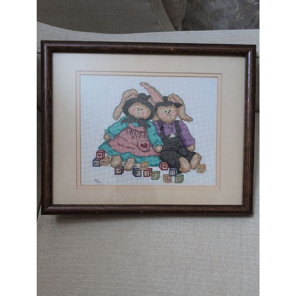 Vintage Hand-Embroidered Country Bunnies Cross-Stitch Framed Wall Art "Friends"